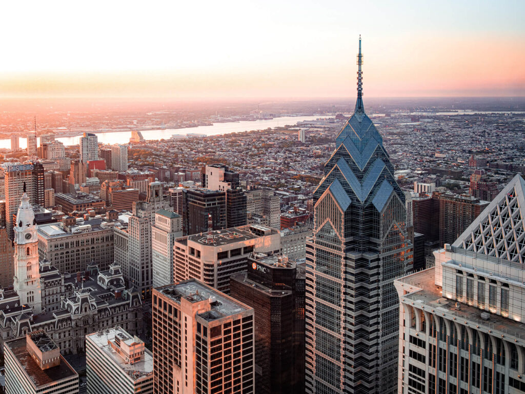 Overview of downtown Philadelphia at sunset
