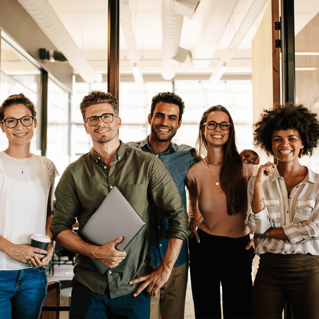 Group of five young candidates standing in a row applying for careers at Quaint Oak Bank