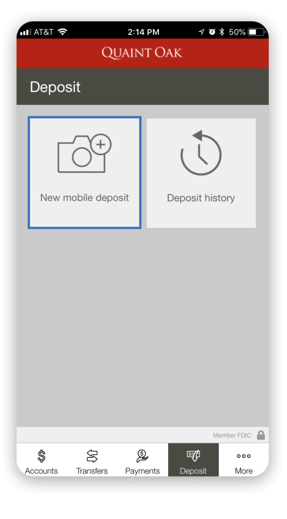 mobile deposit screen on quaint oak bank app