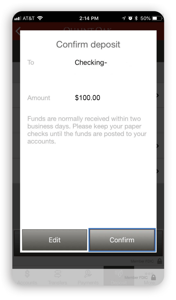 mobile deposit confirmation screen