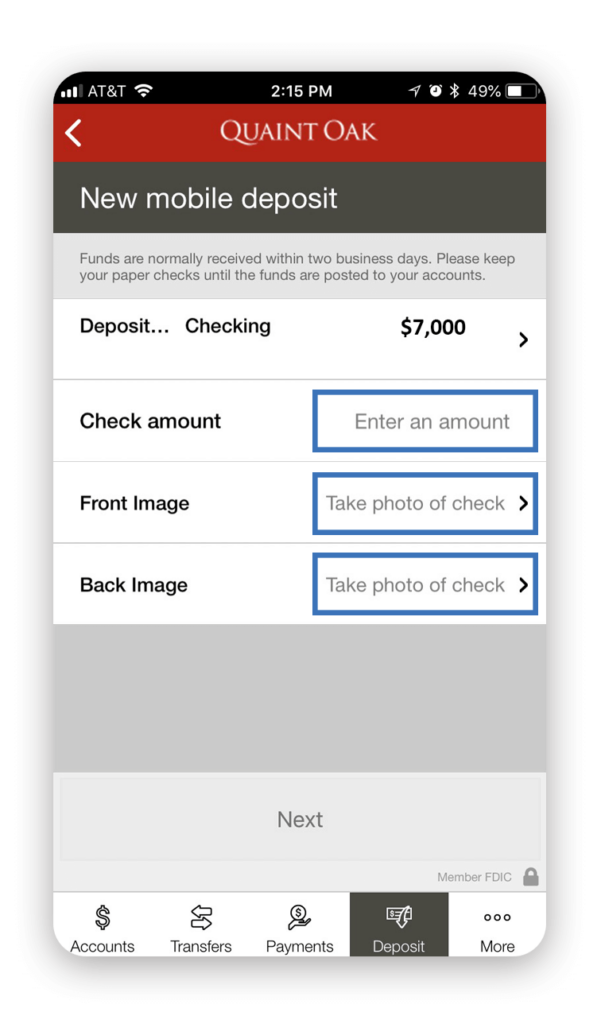 new mobile deposit prompts on quaint oak bank app
