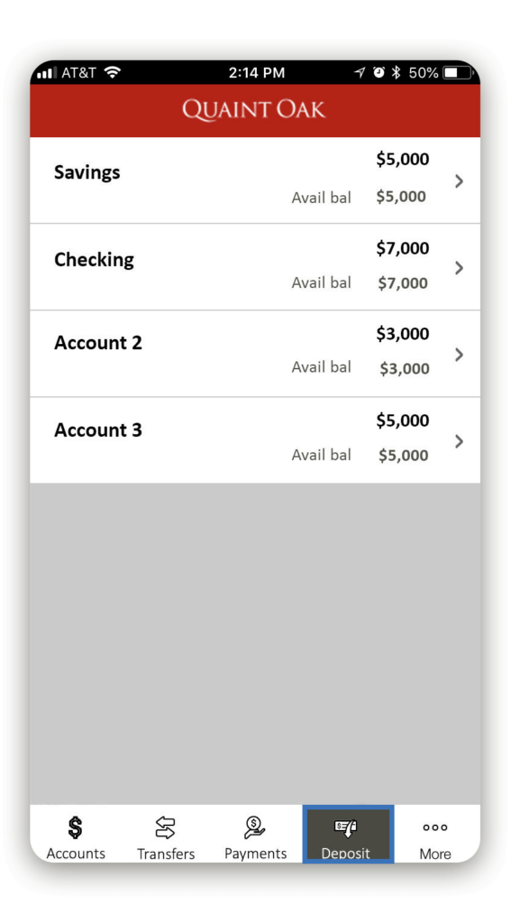 account balances shown on quaint oak bank app