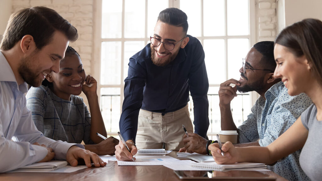 group of colleagues reviewing business bank account options