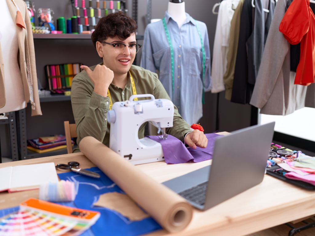 fashion designer on video call with mentor, discussing the importance of a small business checking