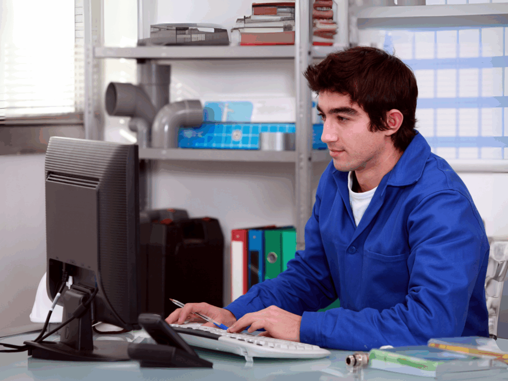 the owner of a small plumbing company reviewing transactions for his company using positive pay