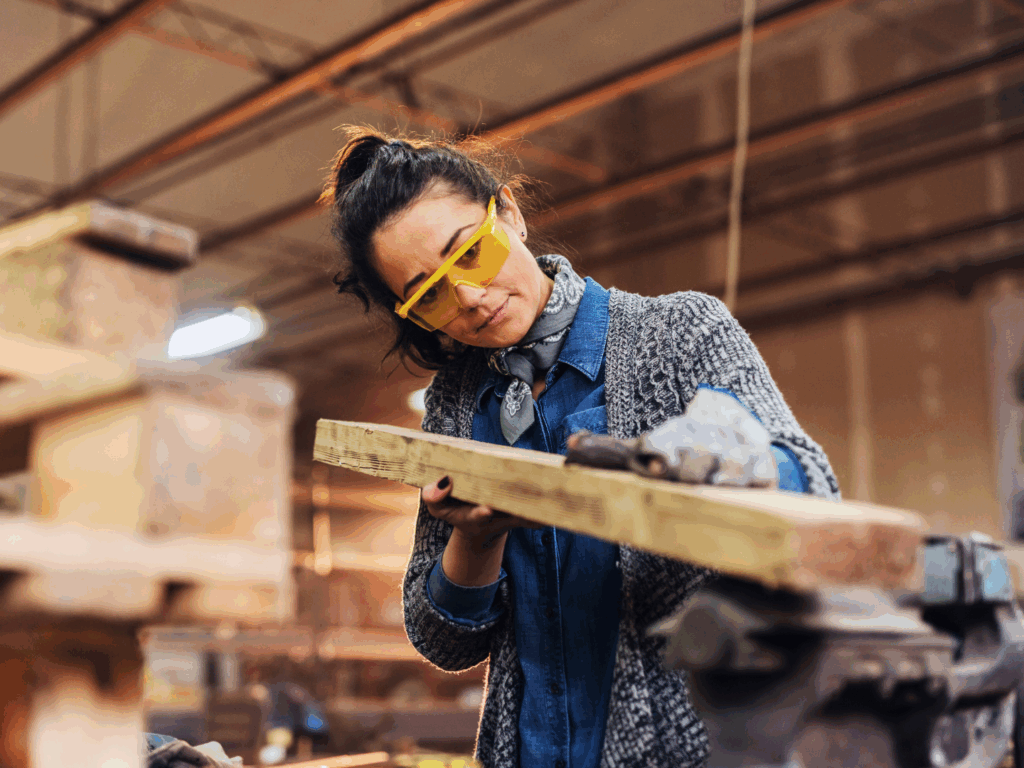 a female tradesperson specializing in carpentry works in her shop on a project using equipment financed with capital for skilled trades