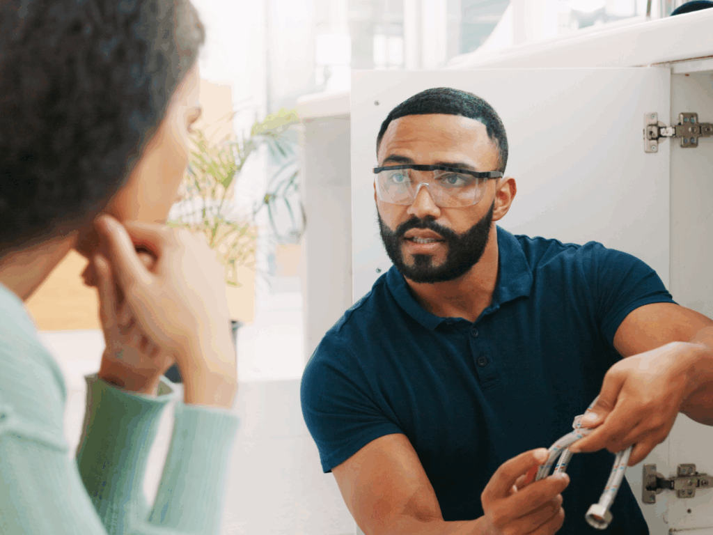 the owner of a plumbing company discusses a problem with his customer after expanding his operation with capital for skilled trades