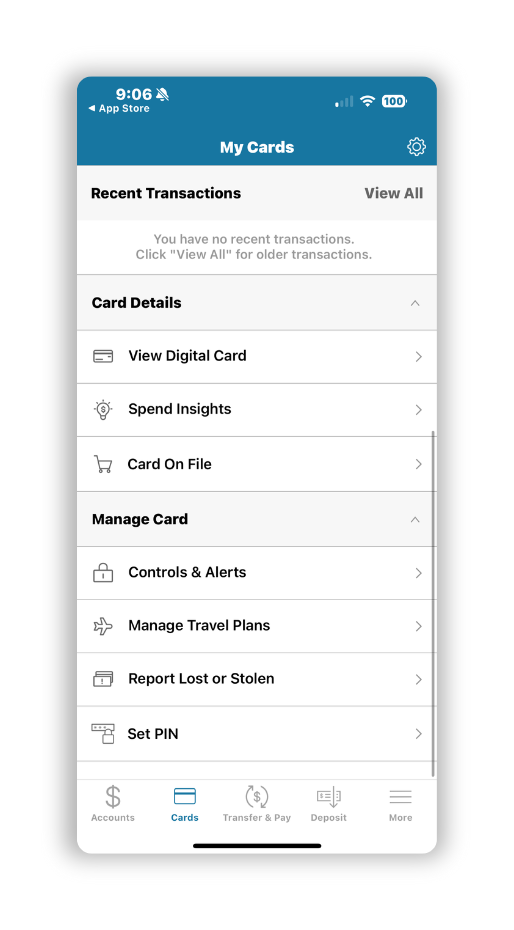 quaint oak mobile banking app view your card