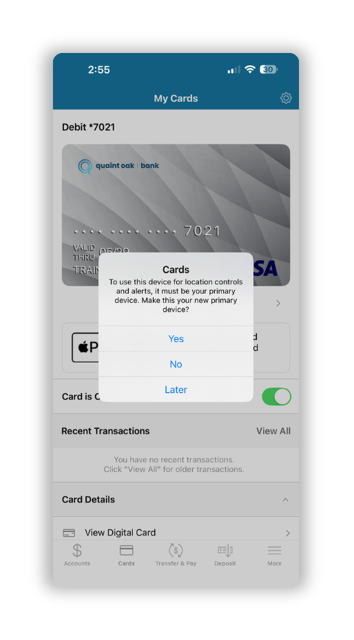 quaint oak mobile banking app card hub location services