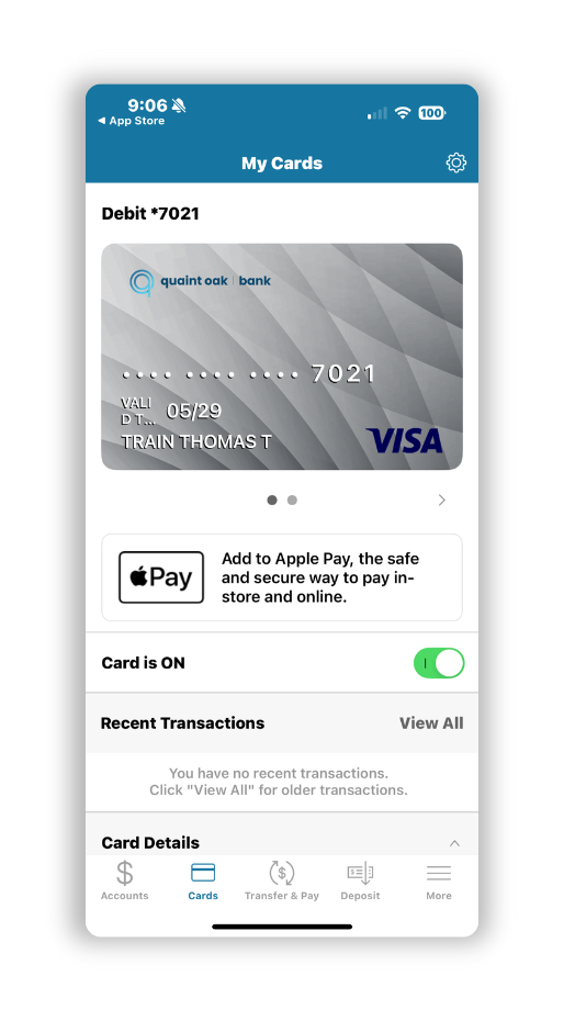 quaint oak mobile banking app digital card page