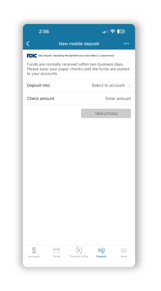 quaint oak mobile banking app deposit step 2