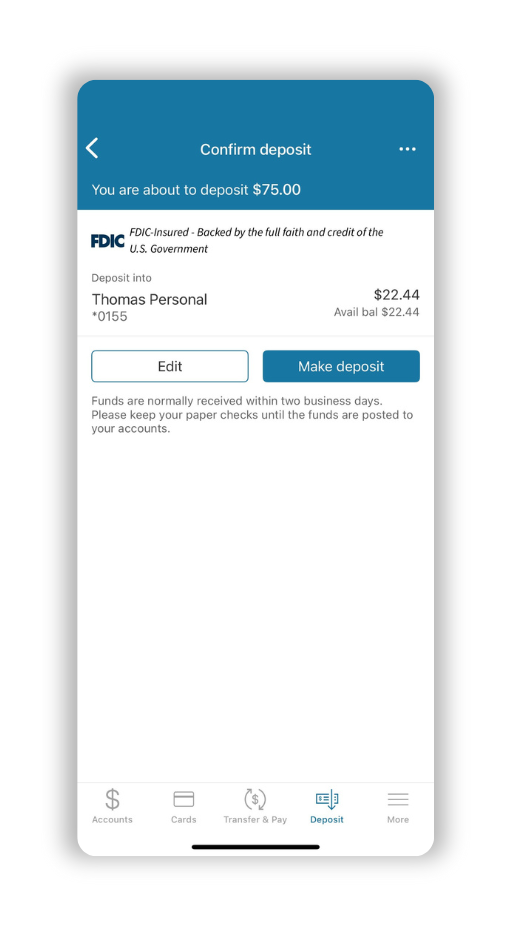 mobile deposit step confirm deposit amount