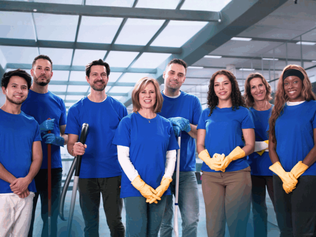 a team of corporate cleaners who work with a company who recently expanded with a commercial cleaning business loan