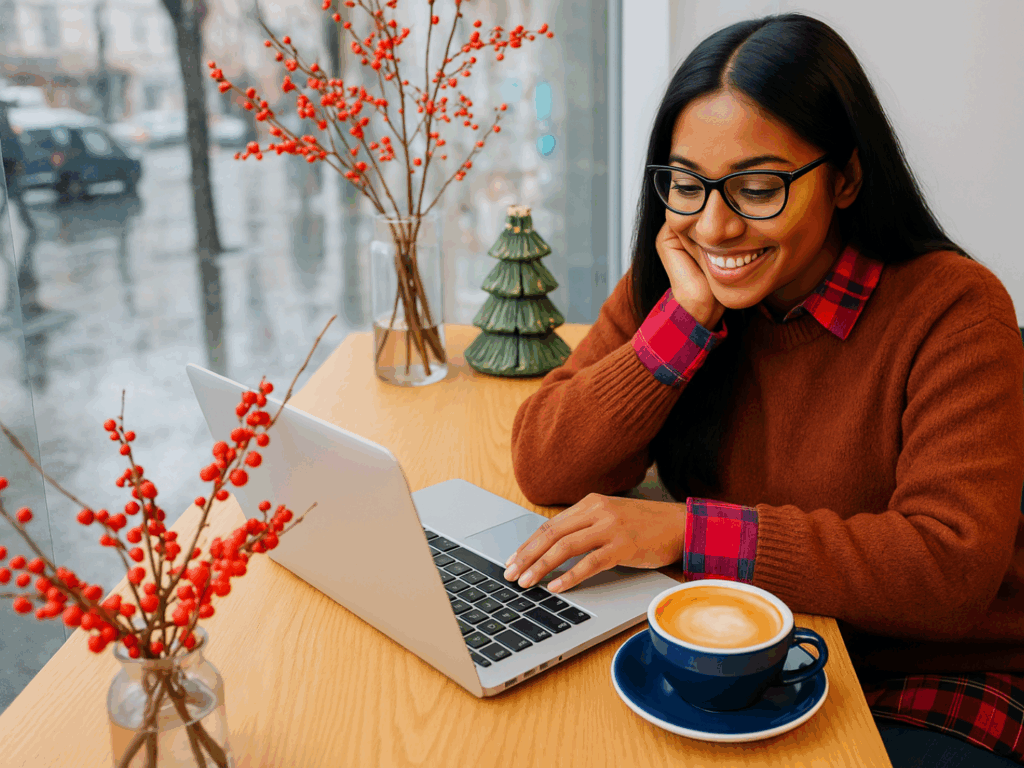 a woman reviewing her options for her holiday savings plan
