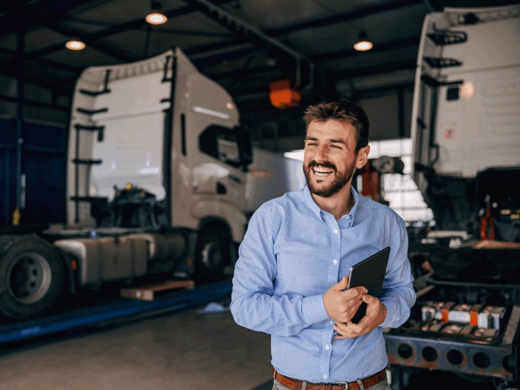 owner of a transportation company standing in the mechanic shop of his facility funded with an sba loan from an sba preferred lender