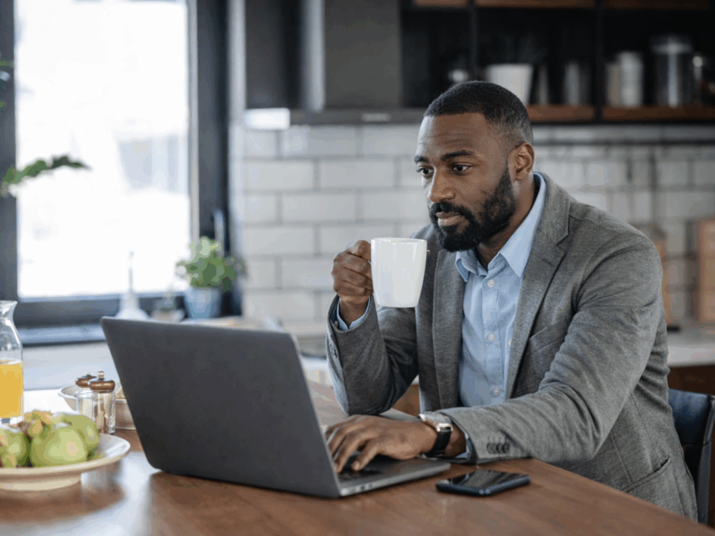 a male business owner in his kitchen reviewing his year-end financial planning for business owners guide