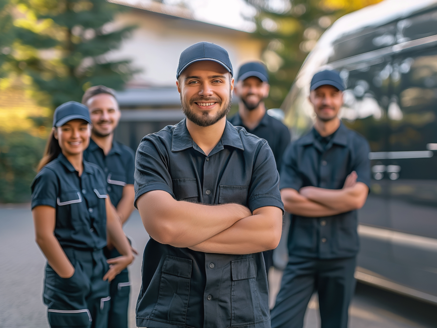 the owner of a plumbing company and his team with a vehcile they purcahsed after learning more about sba loans for plumbers