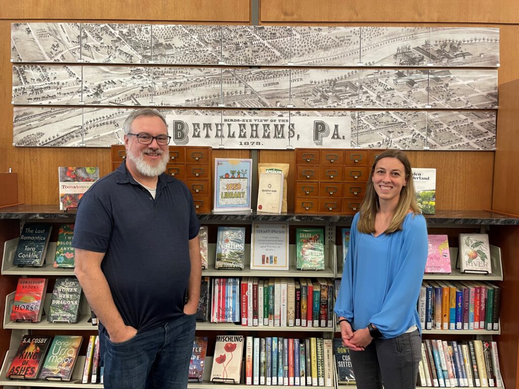 How Quaint Oak Bank Supports Local Libraries in Its Centennial Year 2 Two Bethlehem Area Public Library employees stand in front of the library’s seed collection display.