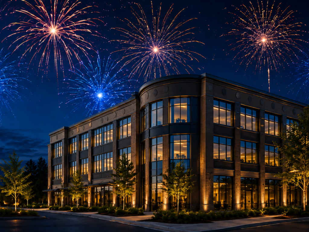 a modern office building under fireworks celebrating quaint oak bank's 2026 fireworks funds
