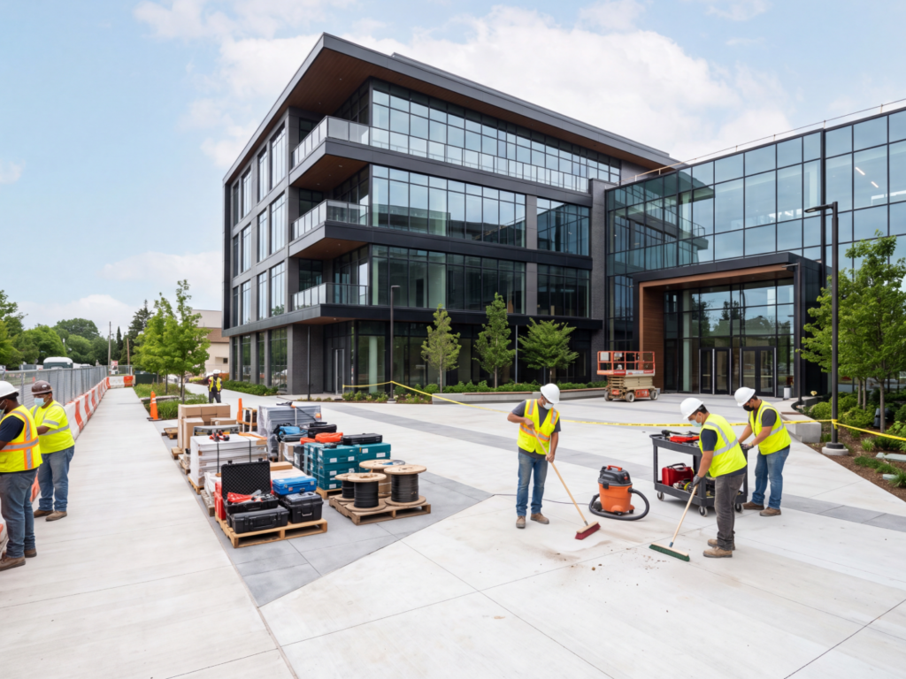 Commercial landscaping crew using equipment for a property maintenance job