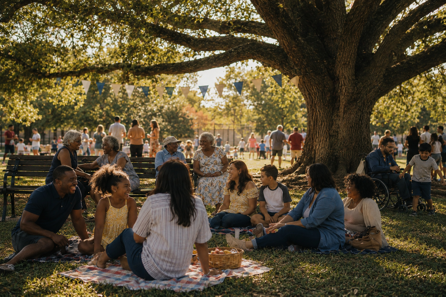 Eine Gruppe von Menschen bei einem Picknick zur Feier des 100-jährigen Jubiläums des malerischen Oak Bank.