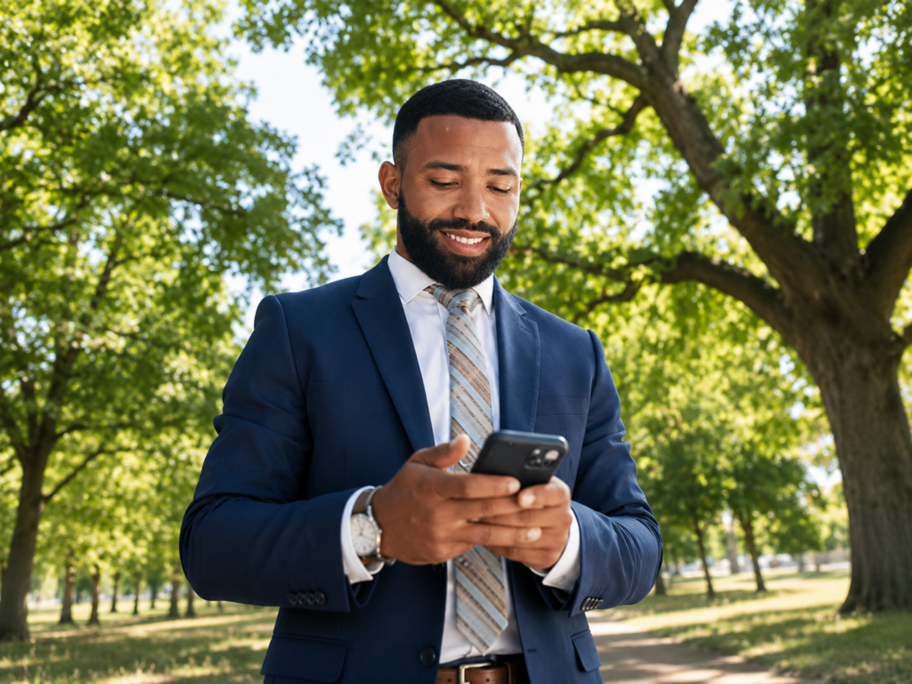 Home 2 a business man on his phone reviews quaint oak bank commercial banking accounts with oak trees behind him